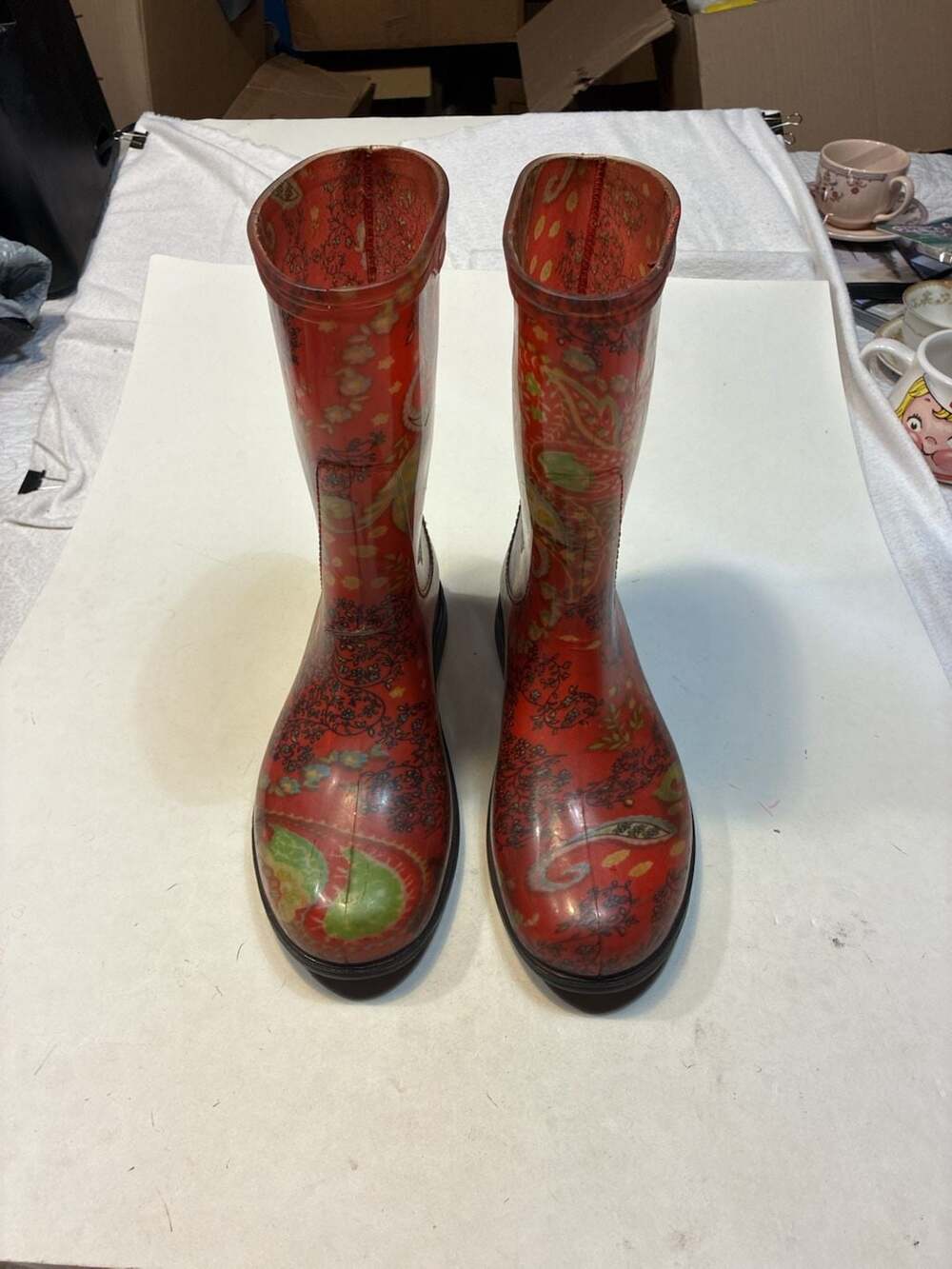 Sloggers Red Paisley Pattern Women's Waterproof Rain And Gardening Boots Size 10